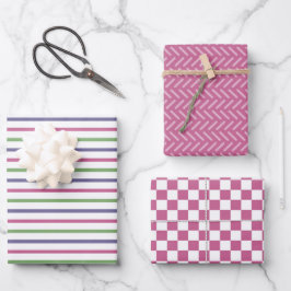 Modern Pink, Blue, Green Stripes, Pink Checkered Geschenkpapier Set