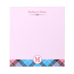 Modern Pink Blue Kariert Tartan Monogram Script Na Notizblock