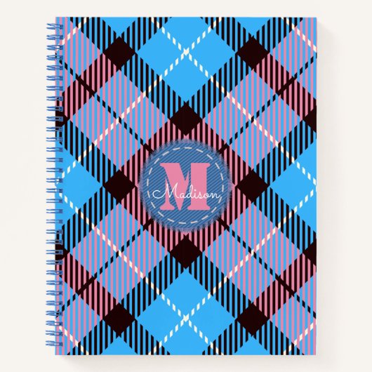Modern Pink Blue Tartan Jeans Monogram Name Notizblock (Vorderseite)