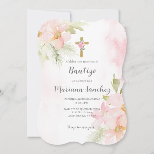 Modern Pink Blume Taufe für Mädchen Einladung (Vorderseite)