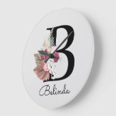 Modern Pink Boho Girly Floral Initial B Große Wanduhr (Winkel)