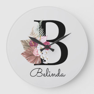 Modern Pink Boho Girly Floral Initial B Große Wanduhr