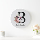 Modern Pink Boho Girly Floral Initial B Große Wanduhr (Zuhause)
