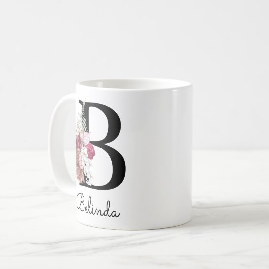 Modern Pink Boho Girly Floral Initial B Tasse (Vorderseite Links)