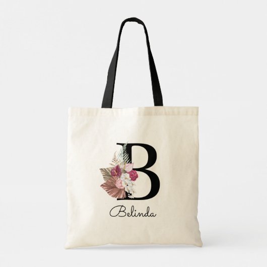 Modern Pink Boho Girly Floral Initial B Tragetasche (Rückseite)