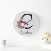 Modern Pink Boho Girly Floral Initial C Große Wanduhr (Zuhause)