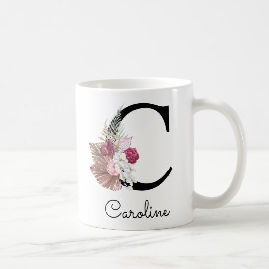 Modern Pink Boho Girly Floral Initial C Kaffeetasse (Rechts)