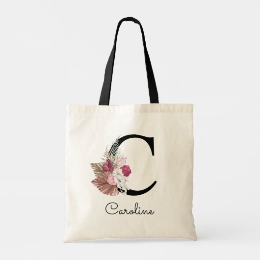 Modern Pink Boho Girly Floral Initial C Tragetasche (Rückseite)