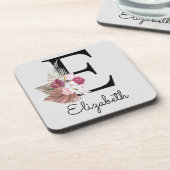 Modern Pink Boho Girly Floral Initial E Getränkeuntersetzer (Linke Seite)