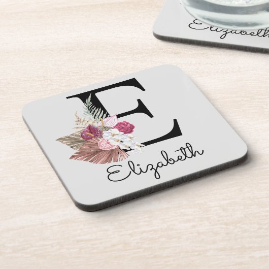 Modern Pink Boho Girly Floral Initial E Getränkeuntersetzer (Linke Seite)