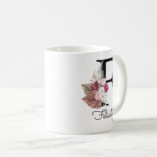 Modern Pink Boho Girly Floral Initial F Kaffeetasse (VorderseiteRechts)