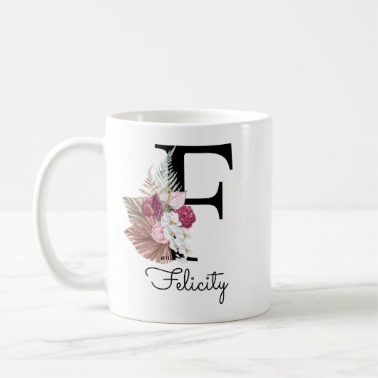 Modern Pink Boho Girly Floral Initial F Kaffeetasse (Links)