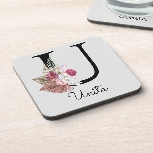 Modern Pink Boho Girly Floral Initial U Getränkeuntersetzer (Linke Seite)