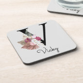 Modern Pink Boho Girly Floral Initial V Getränkeuntersetzer (Linke Seite)