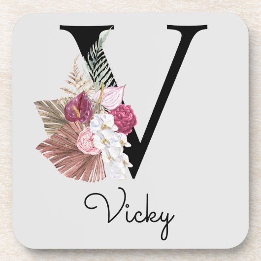 Modern Pink Boho Girly Floral Initial V Getränkeuntersetzer (Vorderseite)