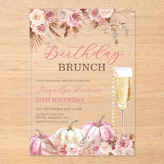 Modern Pink Boho Pumpkin Autumn Birthday Brunch  Acryleinladungen (Vorderseite)