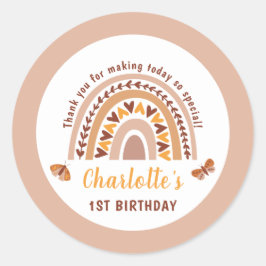 Modern Pink Boho Rainbow 1. Geburtstag Vielen Dank Runder Aufkleber