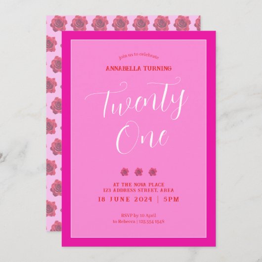 Modern Pink Bold 21. Geburtstag Einladung (Vorne/Hinten)