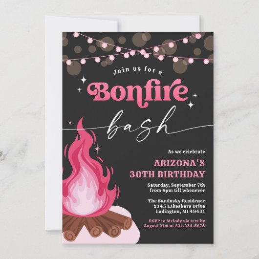 Modern Pink Bonfire Einladung - Bonfire Bash (Vorderseite)