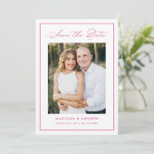 Modern Pink Border Script Photo Wedding Save The Date (Stehend Vorderseite)