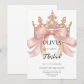 Modern pink bow and crown birthday party  einladung (Vorne/Hinten)