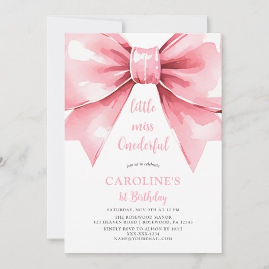 Modern Pink Bow Baby Girl Erstgeburt Einladung (Vorderseite)