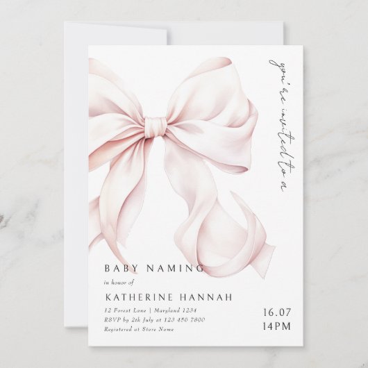 Modern Pink Bow Baby Naming Einladung (Vorderseite)