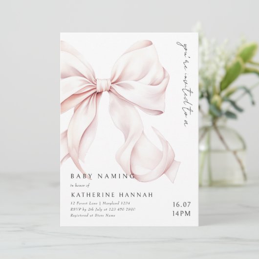 Modern Pink Bow Baby Naming Einladung (Stehend Vorderseite)