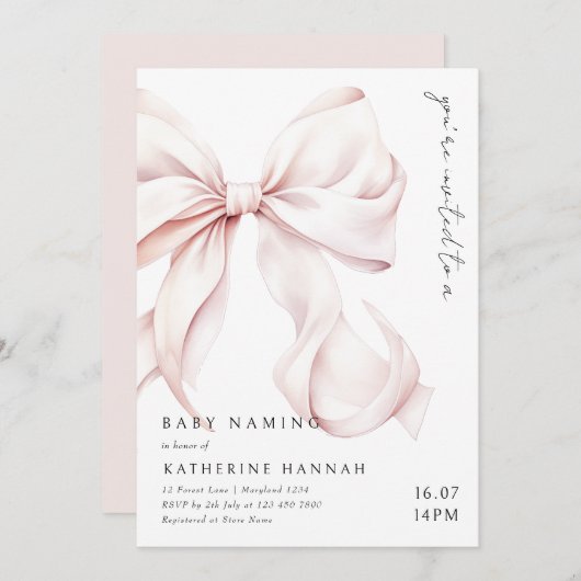 Modern Pink Bow Baby Naming Einladung (Vorne/Hinten)