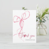 Modern Pink Bow Baby Shower Ribbon Heart Dankeskarte (Stehend Vorderseite)