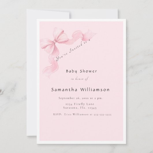 Modern Pink Bow Coquette Baby Shower Einladung (Vorderseite)