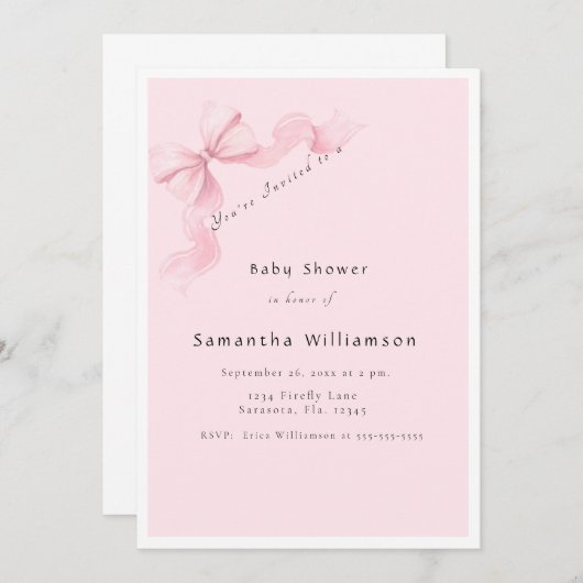 Modern Pink Bow Coquette Baby Shower Einladung (Vorne/Hinten)