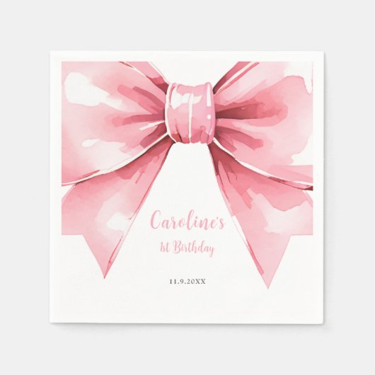 Modern Pink Bow Girl zum ersten Geburtstag Serviette (Vorderseite)