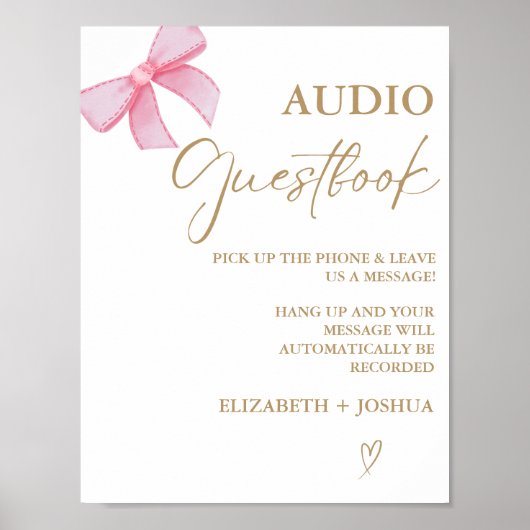 Modern Pink Bow Gold AUdio Gästebuchtisch Untersch Poster (Vorne)