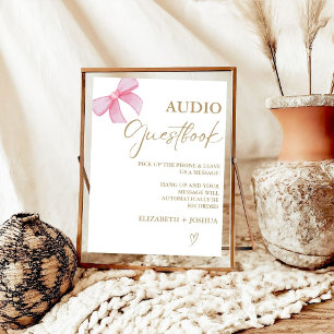 Modern Pink Bow Gold AUdio Gästebuchtisch Untersch Poster