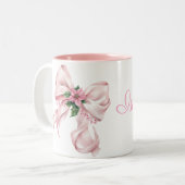Modern Pink Bow poinsettia Christmas Name Zweifarbige Tasse (Vorderseite Links)