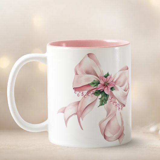 Modern Pink Bow poinsettia Christmas Name Zweifarbige Tasse