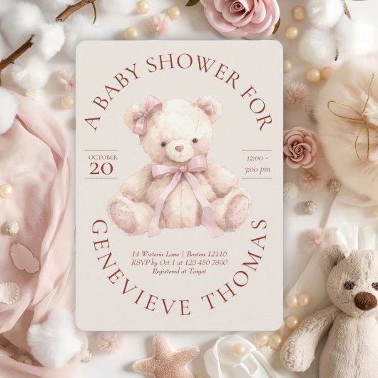 Modern Pink Bow Teddy Bear Baby Shower Invitation Einladung