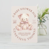 Modern Pink Bow Teddy Bear Baby Shower Invitation Einladung (Stehend Vorderseite)