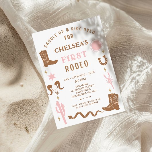 Modern Pink Brown Cowgirl First Rodeo 1. Geburtsta Einladung