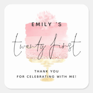 Modern Pink Cake Name 21. Geburtstag Party Dank Quadratischer Aufkleber
