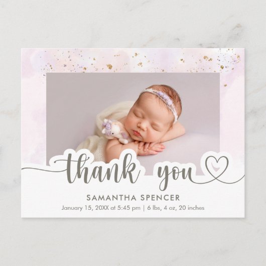 Modern Pink Calligraphy Foto Baby Girl Vielen Dank Postkarte (Vorderseite)