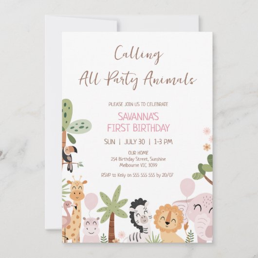Modern Pink Calling All Party Animals Birthday Einladung (Vorderseite)