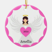 Modern Pink Christmas Angel Herz Individuelle Name Keramik Ornament (Vorne)