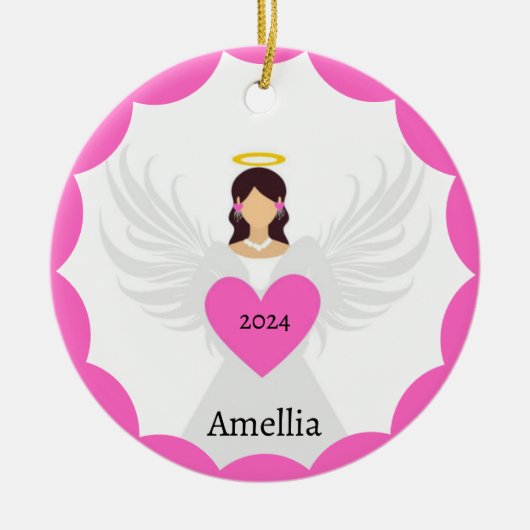 Modern Pink Christmas Angel Herz Individuelle Name Keramik Ornament (Vorne)