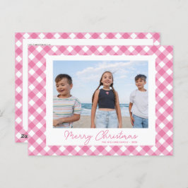 Modern Pink Christmas Gingham Foto Postcard Feiertagspostkarte