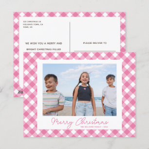 Modern Pink Christmas Gingham Foto Postcard Feiertagspostkarte