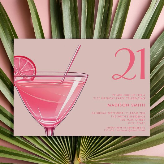 Modern Pink Cocktail 21. Geburtstag Einladung