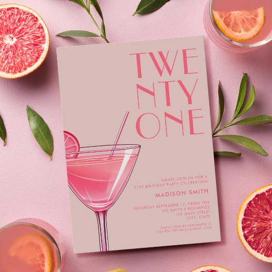 Modern Pink Cocktail 21. Geburtstag Einladung