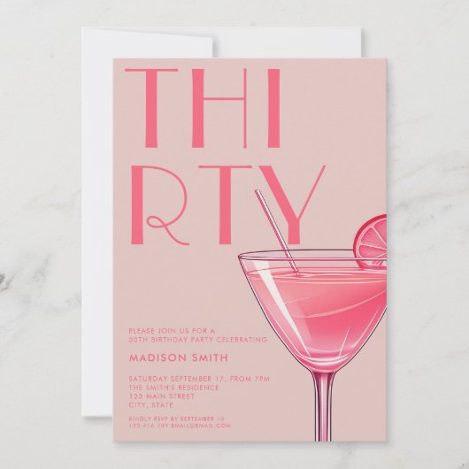 Modern Pink Cocktail 30. Geburtstag Einladung (Vorderseite)